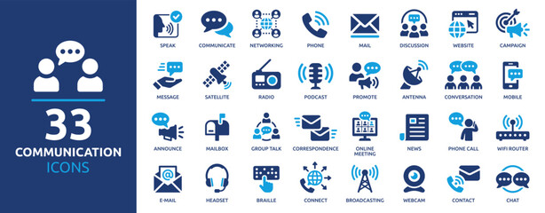 Communication icon set. Containing speak, phone, mail, contact, chat, website, satellite, radio, antenna, message and more. Solid icons collection, vector illustration.