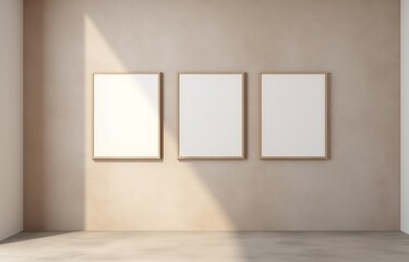 Wall picture frame on wall background, Three empty frames on wall from living room, print, living room interior frame, mockup