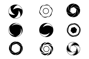 Wall Mural - Camera shutter icons set. Camera lens diaphragm. camera shutter and camera lens icon collection. Black white style. lens aperture. Optical photography photography lens icons. vector illustration