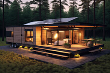 Modular Wooden House On Wheels With Flat Roof With Solar Pannel And Big Windows All Around. Modern And Elegant Style, With An Outdoor Living Area
