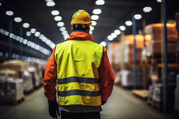 Young caucasian engineer or inspector looking warehouse for examining store or stock, cargo and logistic, supervisor standing back view in storehouse, industrial concept, generative ai.