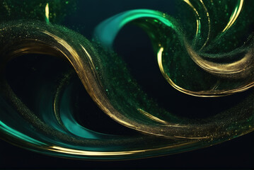 Wall Mural - Gold and green wavy lines and particle effect wallpaper on black background