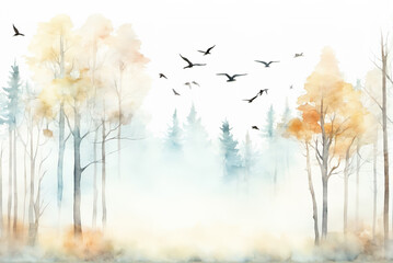 Wall Mural - Watercolor painting of desolate late autumn woods and flying geese