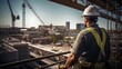 © Phoophinyo - Back of chief engineer technician watching work crew on tall steel platform, high rise building construction.