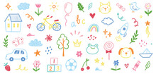 Children School, Kindergarten Vector Doodle Set. Cute Daycare Hand Drawn Flower, Toy, Animal Elements. Childish Cute Preschool Activity, Education Doodle Background. Vector Illustration.
