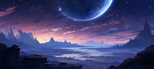 Wall Mural - majestic planet landscape and wonderful night. drawing illustration design. generative ai technology