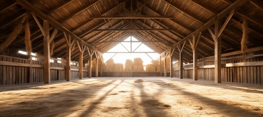  Traditional wooden barn interior with shiny light. Generative AI technology.	

