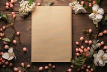 A Blank Mockup Journal Cover, Offering Space For Personalization, Is Adorned With Flowers And Positioned On A Wooden Table, Creating A Charming Display. Photorealistic Illustration
