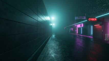 Wall Mural - Dark Cyberpunk Street With Holographic Advertising, Neon Lights And Old Asphalt. Scifi Scene Without People. Urban Style. Tomorrow Aesthetic For Templates. Fashion Render Design. 3D Illustration