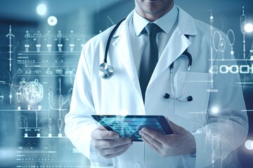 Poster - Close up of male doctor holding tablet pc with medical interface on blurry background, Medical doctor using tablet pc with medical icons on the media screen, AI Generated