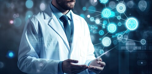 Poster - Close up of male doctor in white coat using virtual screen with medical icons, Medical doctor using tablet pc with medical icons on the media screen, AI Generated