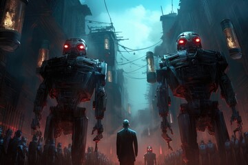 Poster - Fantasy scene of a man standing in front of a group of robots. 3D rendering, Mechanical Guardians: An image featuring towering AI robots, their imposing presence and glowing eyes, AI Generated