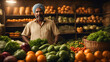 An Indian man selling wide variety of vegetables in his shop.