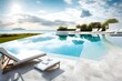 Stunning landscape, swimming pool blue sky with clouds. 