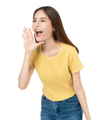 Wall Mural - Young asian woman shouting and hands over mouth on white background studio.