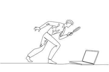 Poster - single one line drawing businessman holding magnifying glass looking at laptop computer. confused a 
