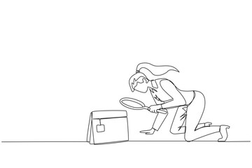 Poster - single one line drawing of businesswoman holding magnifying glass looking at desk calendar. she made