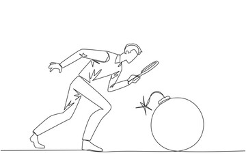 Poster - Continuous one line drawing businessman holding magnifying glass highlights large bomb with a burning fuse. Preventing explosions like preventing business destruction. Single line draw design vector