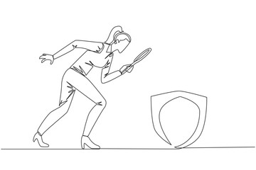 Poster - Single one line drawing businesswoman holds magnifying glass look at shield. Establish multiple layers of protection for security of business transactions. Continuous line design graphic illustration
