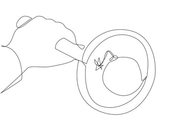 Poster - continuous one line drawing big hand holding magnifying glass highlighting bomb with a burning fuse.