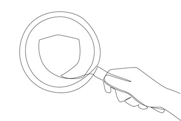 Aufkleber - Single continuous line drawing of big hand holding magnifying glass highlights the shield. The concept of seeking refuge. Both for personal and family. Data protection. One line vector illustration