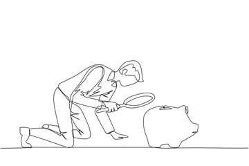 Wall Mural - Single line drawing of young businessman holding magnifying glass looking at piggy bank. A stagnant business requires additional capital from a piggy bank. Venture. One line design vector illustration