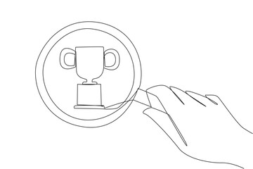 Poster - single one line drawing big hand holding magnifying glass highlights trophy. see by zooming in order