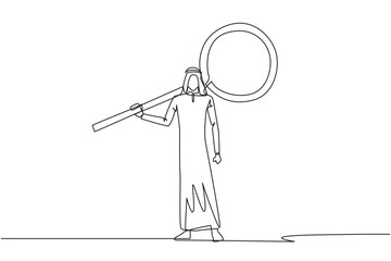 Poster - Single continuous line drawing of energetic young Arabian businessman stood up carrying a huge magnifier on his shoulders. The concept of seeking success elsewhere. One line design vector illustration