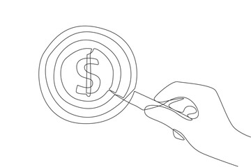 Wall Mural - Single continuous line drawing of big hand holding magnifying glass highlights a dollar coin. Collecting coin by coin, innovation in business to earn more coins. One line design vector illustration
