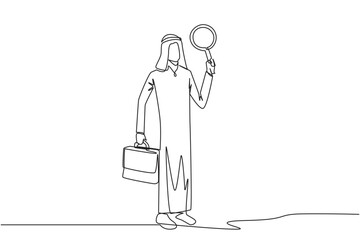 Poster - Continuous one line drawing Arabian businessman holds the magnifier in his left hand while in right hand holds a briefcase. Businessman who offer cooperation proposals. Single line draw design vector