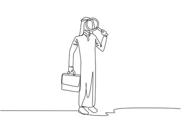 Poster - single continuous line drawing arab businessman stood holding a magnifier and the other holding a br