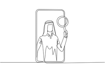 Poster - continuous one line drawing arabian businessman came out of smartphone screen holding magnifier. uti