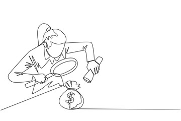 Poster - Continuous one line drawing businesswoman holds magnifier and flashlight, then checks the money bag. Investigate money bag ownership. Style like detective. Single line draw design vector illustration