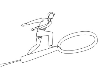 Poster - Continuous one line drawing of businessman rides a big magnifier like he's skateboarding. Someone is trying to find the right information among big data. Single line draw design vector illustration