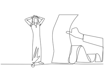 Poster - Continuous one line drawing Arab businessman stood in shock, holding head with both hands, looking at bill thrust by the hand. Man who have online bills must be paid immediately. Single line vector