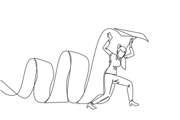 Poster - continuous one line drawing businesswoman held long roll of billing paper with shoulders. bear and k