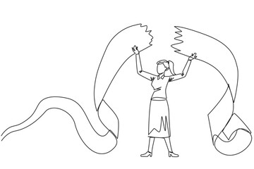 Poster - Continuous one line drawing businesswoman tore off billing paper held above his head. Failing to pay bills makes a businesswoman full of emotions. Failure. Single line draw design vector illustration