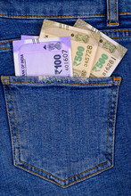 Indian Rupee Currency In Jeans Pocket, Money Saving Concept