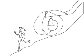 Poster - Single continuous line drawing of young businesswoman runs down hill while being chased by rolls of paper bills. Chased by ever-growing bills. Business failure. One line design vector illustration
