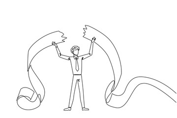 Poster - Single one line drawing of businessman stood up and tore off billing paper dangling to the floor held above his head. Failing to pay bills makes a businessman full of emotions. Continuous line design