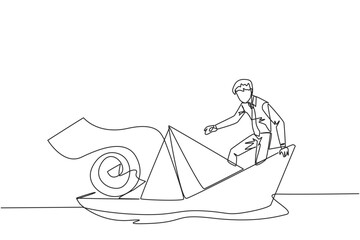 Poster - Single continuous line drawing of businessman boarded a paper boat loaded with rolls of paper bills and almost drowned. Spending more than income. Large pegs than poles. One line vector illustration