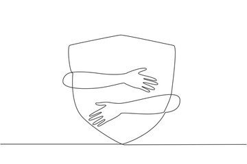 Wall Mural - Continuous one line drawing human hands hugging shield. Network security is needed in a business. Protect personal data from an evil person in the cyber world. Single line design vector illustration