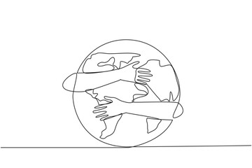 Poster - single continuous line drawing of hands hugging globe. keeping the earth green so that it remains su