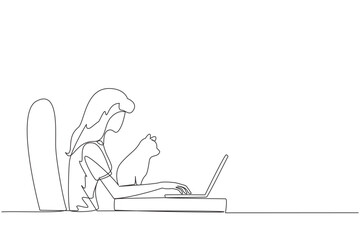 Wall Mural - Single continuous line drawing of beautiful woman sitting and hugging a cat while typing on laptop. The cute cat is looking at the laptop screen. Animal lovers. One line design vector illustration