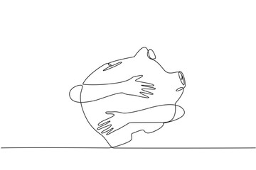Poster - Continuous one line drawing of hands hugging piggy bank. Saving in the present for life in the future. The concept of concern for financial future. Single line draw design vector illustration