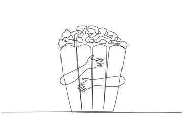 Poster - Continuous one line drawing of hand hugging popcorn. Movie time, popcorn time. The best way to enjoy a movie is while eating popcorn. A snack that has several flavors. Single line draw design vector
