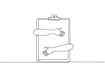 Poster - Single one line drawing of hands hugging clipboard. Effective daily planning and time management to reach a lot of opportunity to success in business. Continuous line design graphic illustration