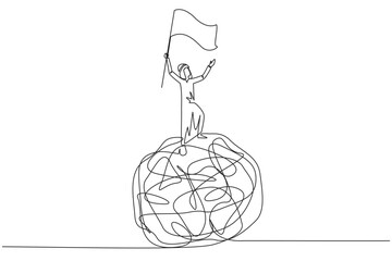 Poster - Single continuous line drawing of young Arabian businessman standing on giant tangled circle. Raising flag on his hand. Businessman who manage to get out of anxiety of mind. One line design vector