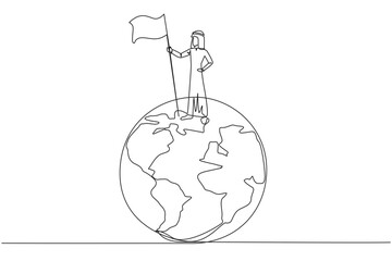 Poster - single one line drawing of arabian businessman standing on giant globe holding flag. businessman cel