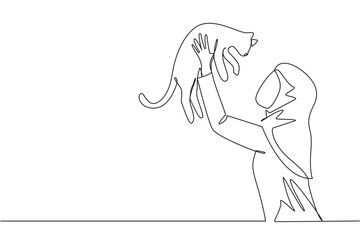 Wall Mural - Continuous one line drawing of young beauty Arabian woman holding her cute cat. Woman pet owner plays with little cat. Happy woman holding cute kitty. Caring animals. Single line draw design vector